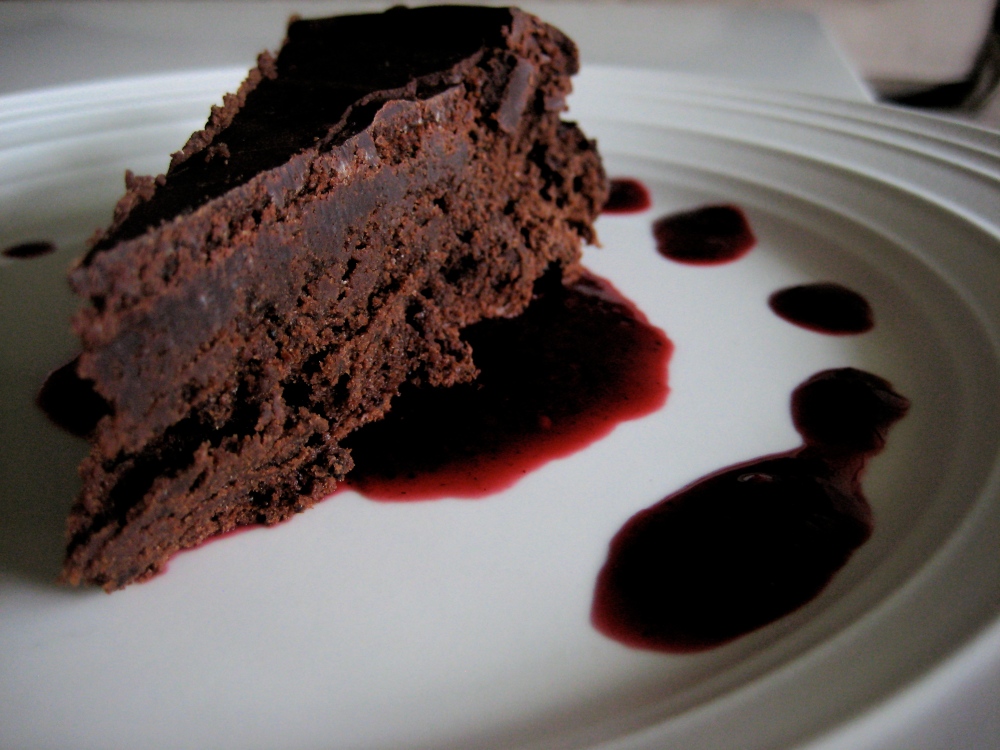 chocolate torte with blackberry coulis
